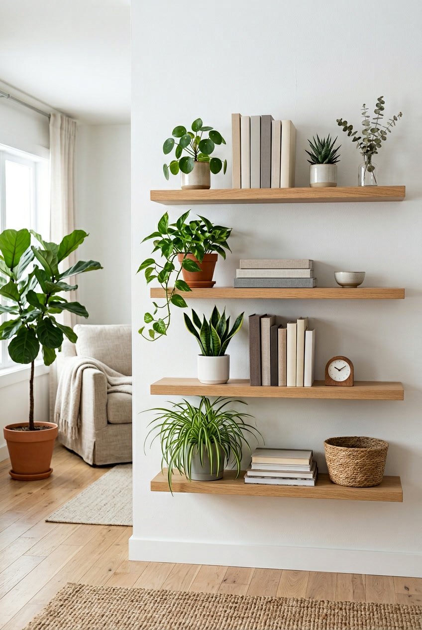 A corner of a living room with floating shelves holding green plants and books on a white wall.