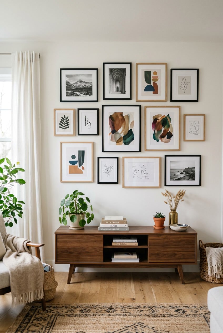 A living room wall decorated with a variety of framed photos and artwork above a wooden console table with plants and books.