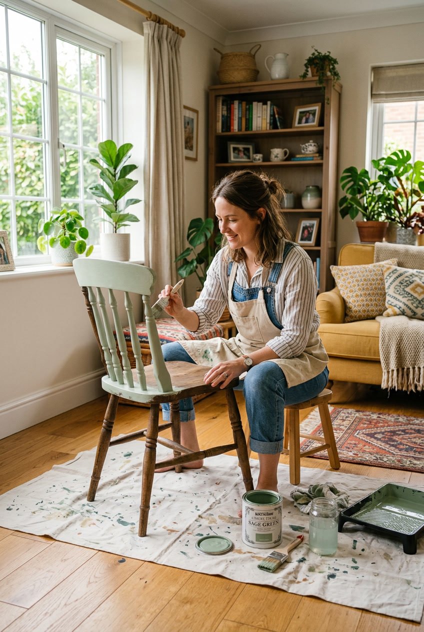 Person painting an old wooden chair with pastel paint in a bright living room.