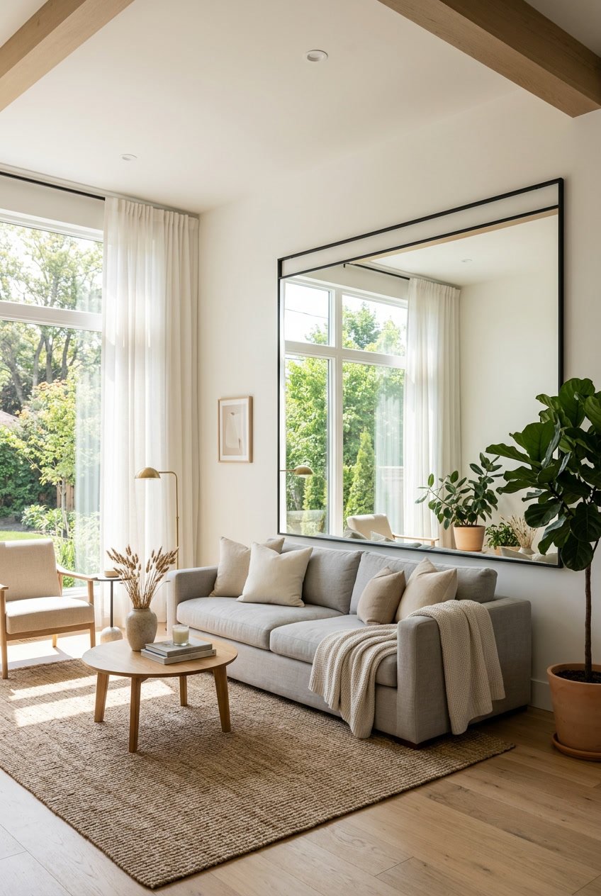 A living room with a large wall mirror reflecting light, a sofa, coffee table, and plants.