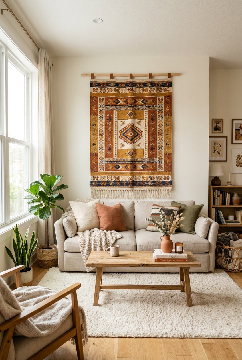 Living room with a sofa and a large fabric wall hanging adding texture and warmth to the space.