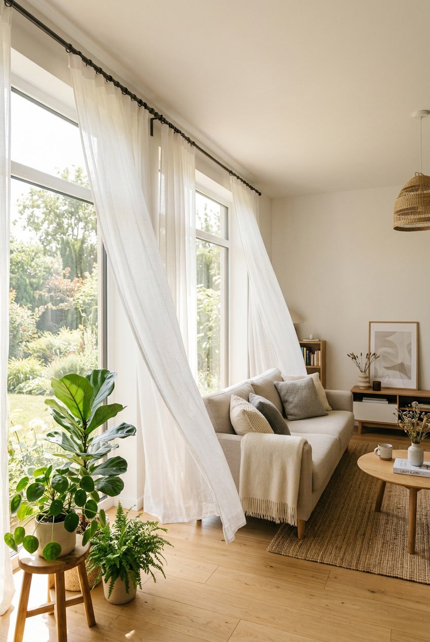 A bright living room with large windows covered by sheer white curtains and simple furniture illuminated by natural sunlight.
