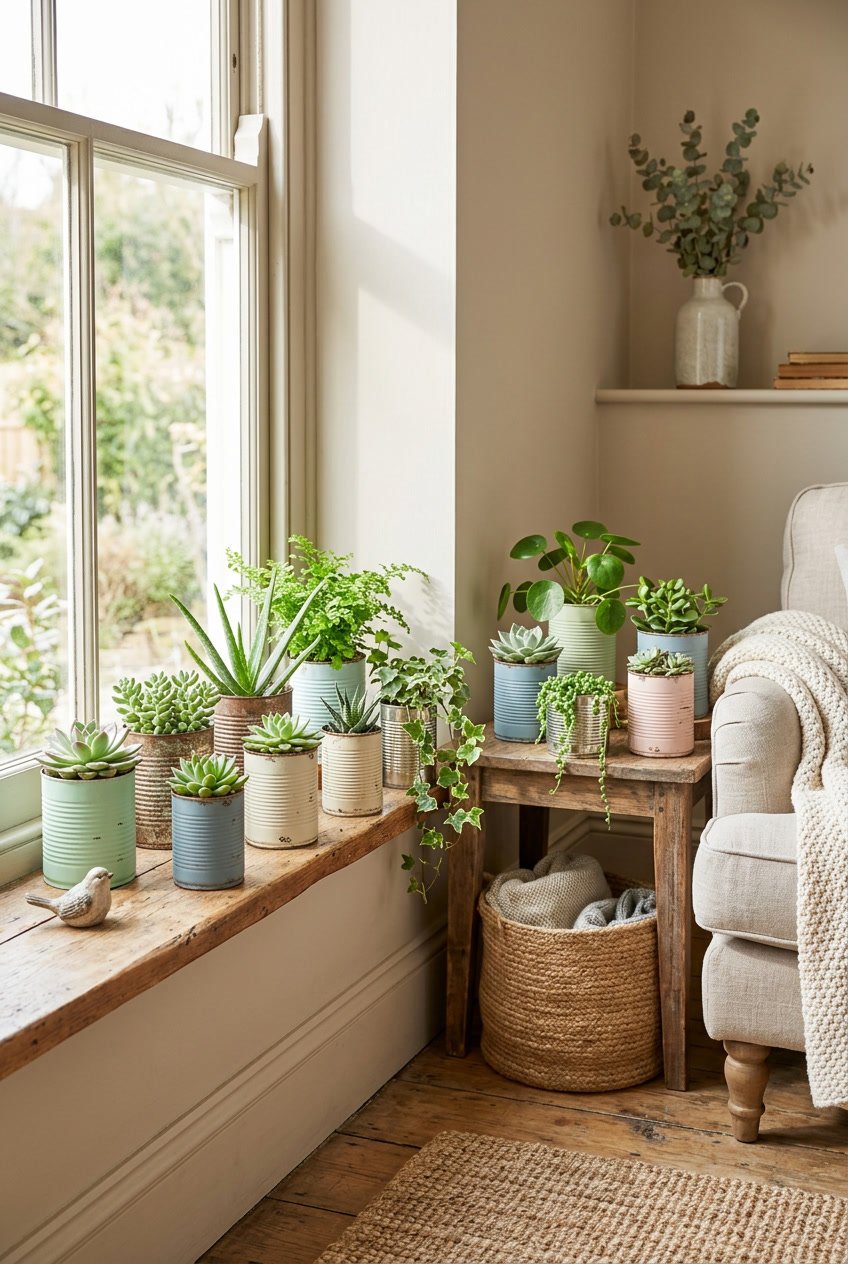 Indoor scene with upcycled tin cans used as planters holding green plants on a wooden windowsill and side table.