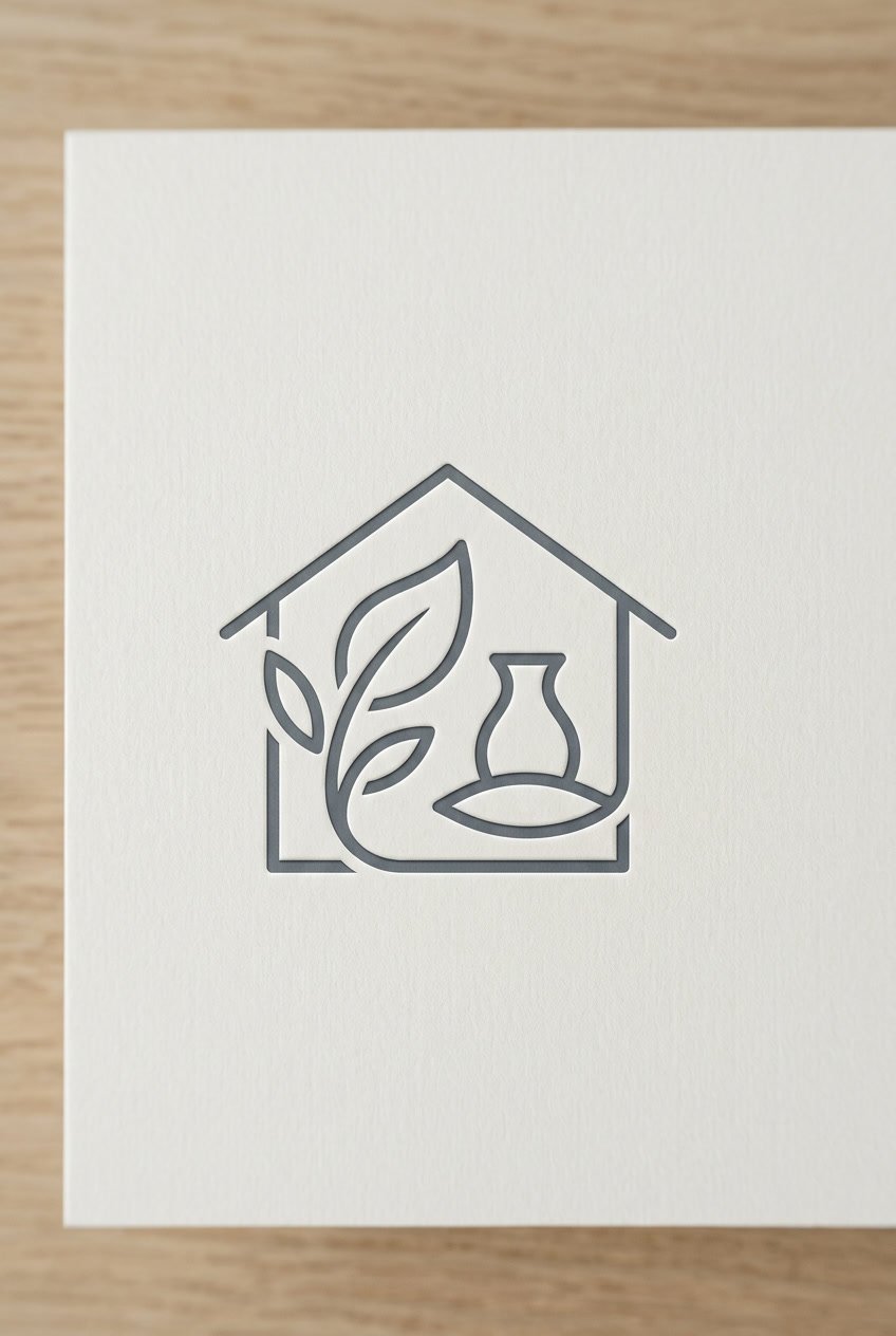 A minimalist home decor logo icon with a house outline and decorative shapes on a neutral background.