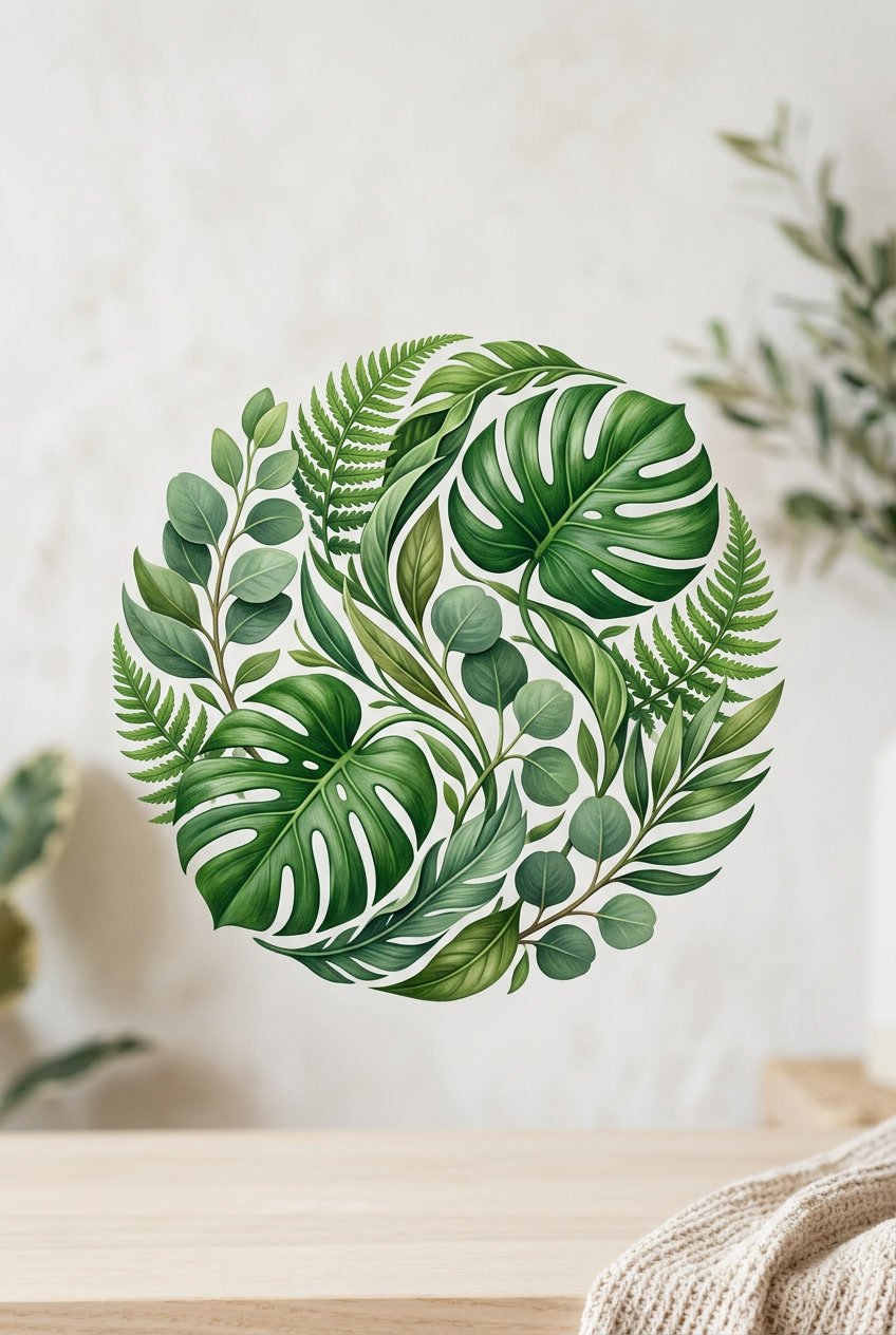 An arrangement of green leaves and plants forming a nature-inspired logo design on a clean background.