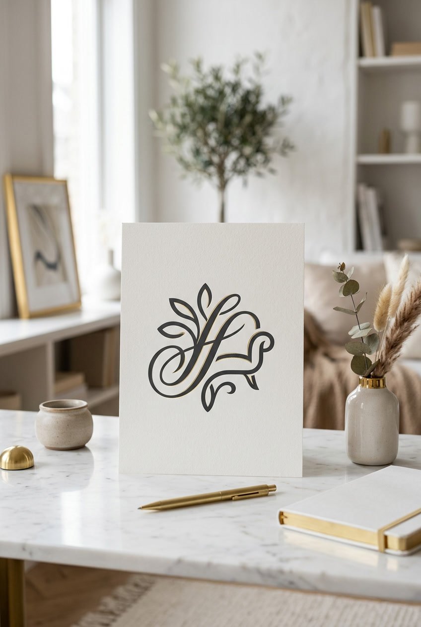 A minimalist workspace featuring a logo design with flowing script shapes and gold decorative accents on a clean white surface.