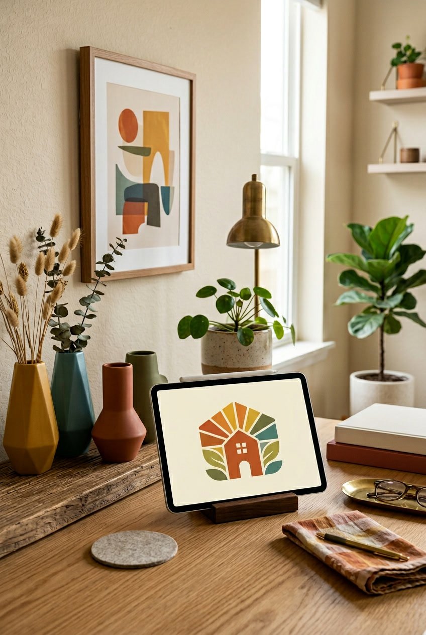 A workspace with a wooden desk displaying a home decor logo design surrounded by decorative objects in warm, muted colors.
