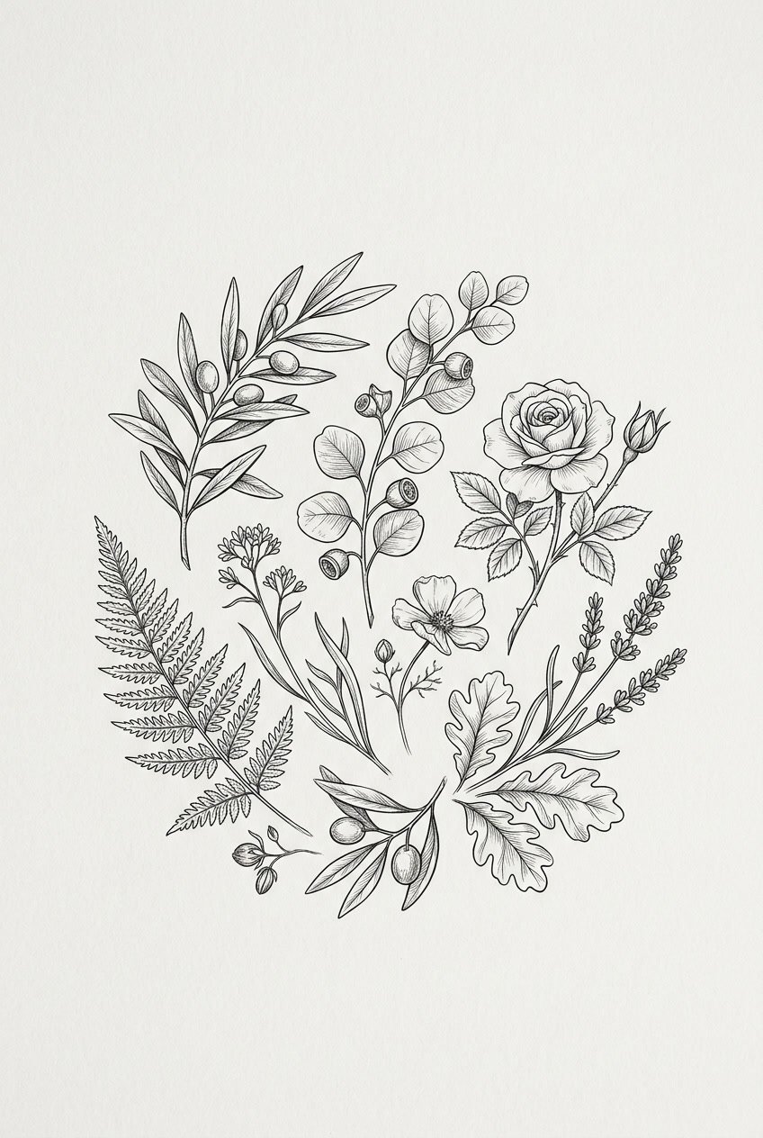 A collection of detailed botanical illustrations of leaves and flowers arranged on a white background.