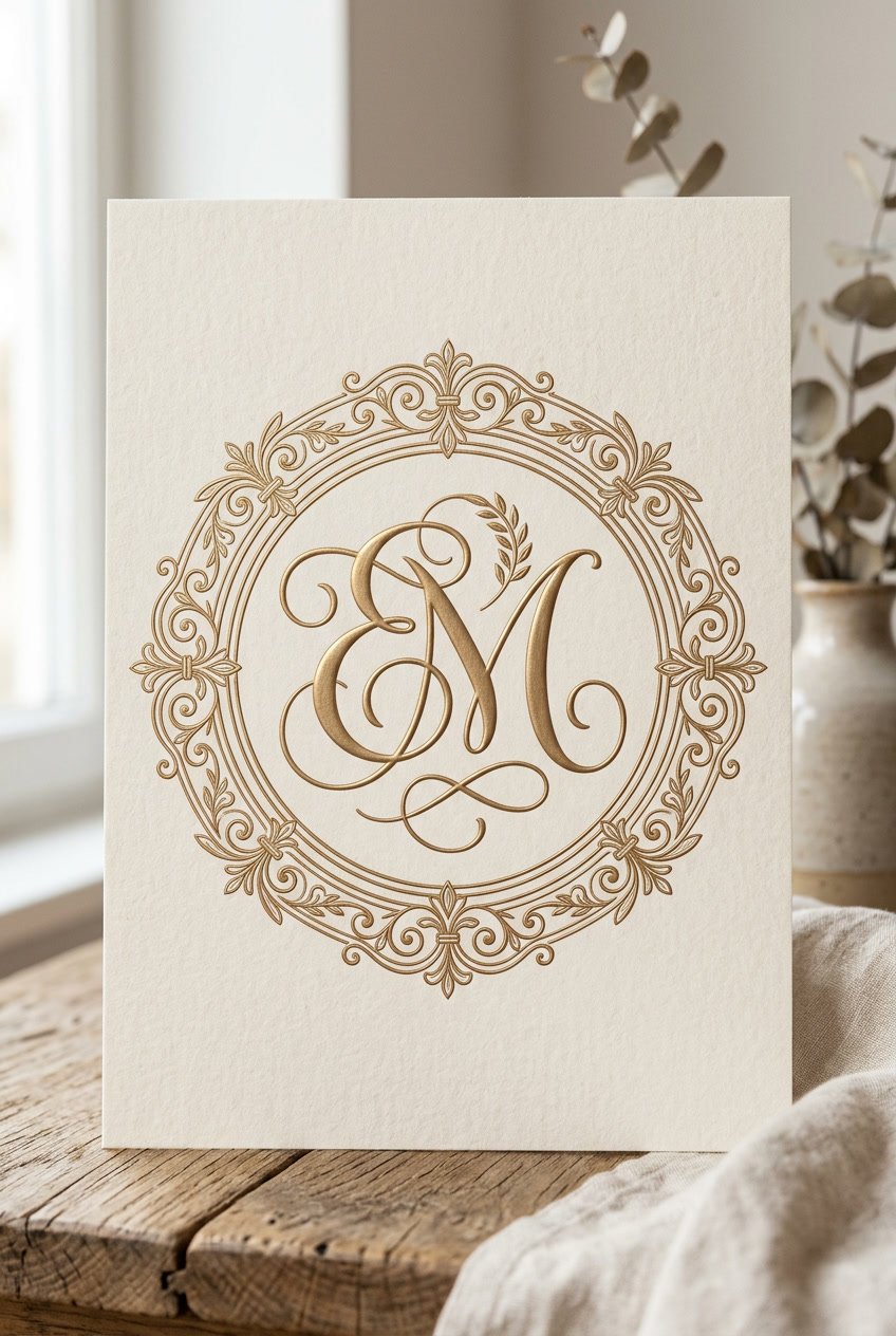 A detailed monogram logo with intertwined initials inside an ornate decorative frame on a clean background.