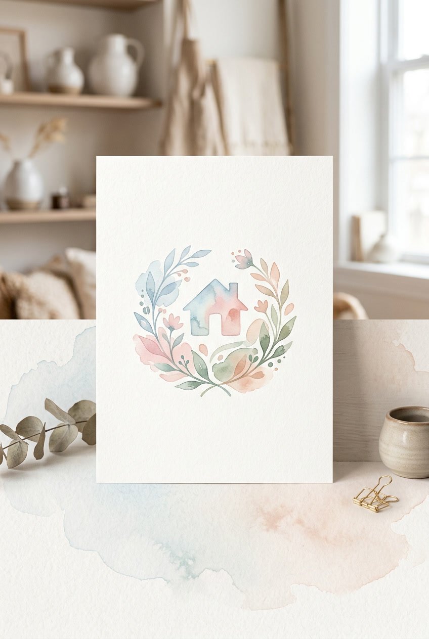 A soft, artistic arrangement of pastel watercolor textures with floral and leaf shapes on a neutral background.