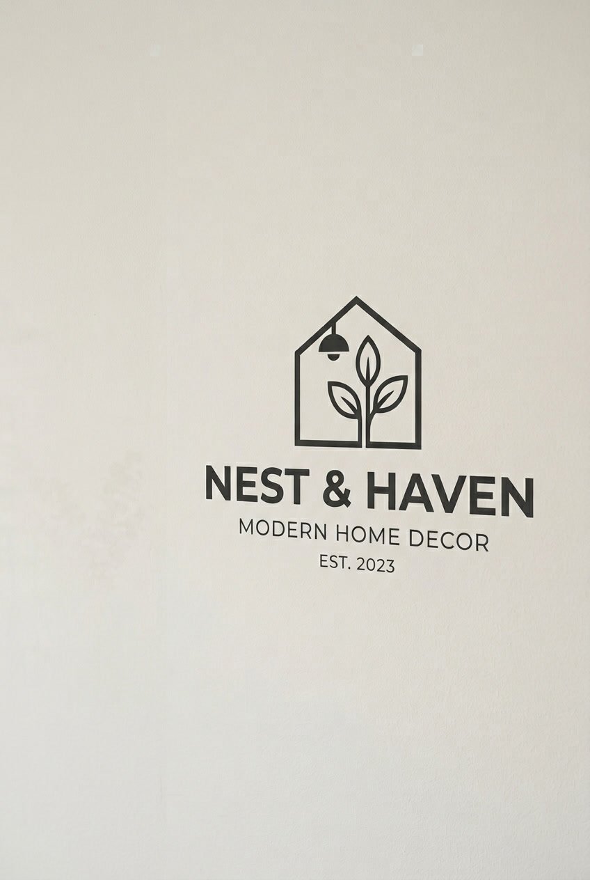 A clean logo design featuring bold sans-serif letters alongside simple home decor icons on a neutral background.