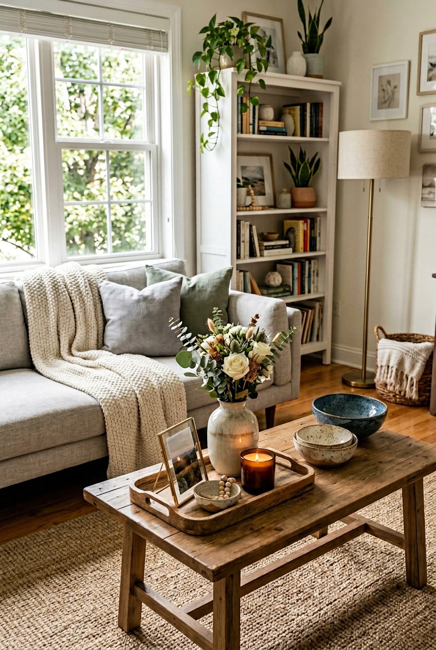 A living room with a coffee table and shelves displaying various home decor items like vases, candles, throw blankets, plants, and picture frames.