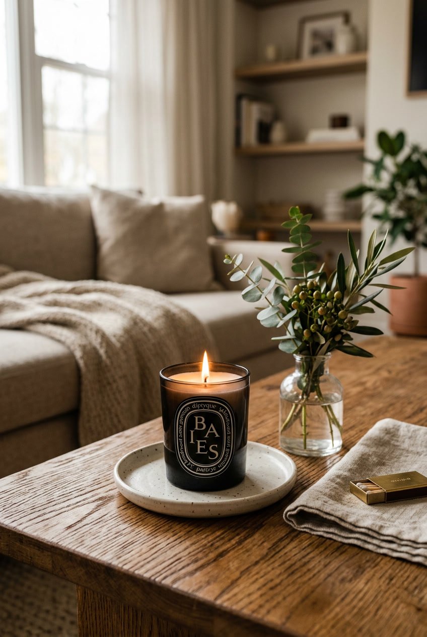 A lit Diptyque Baies scented candle on a wooden surface surrounded by green leaves and home decor items in a softly lit room.