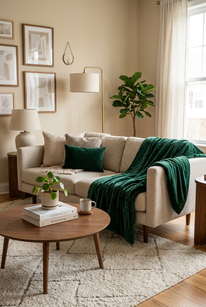 A velvet throw blanket draped over a sofa in a cozy living room with a coffee table, plant, and cushions.