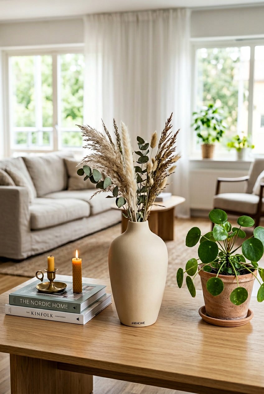 A ceramic vase on a wooden table surrounded by home decor items in a bright living room.