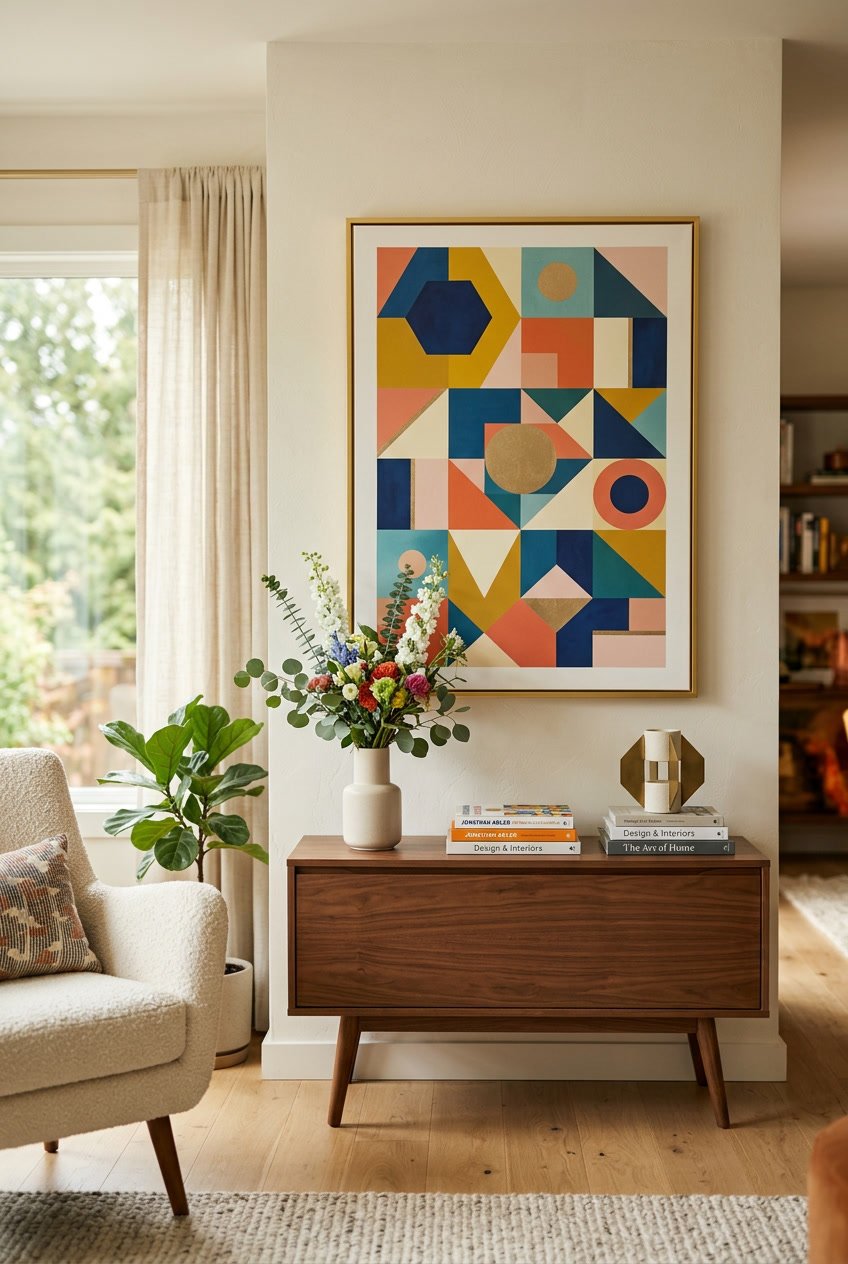 A modern living room wall with colorful geometric artwork above a wooden console table decorated with a vase of flowers, books, and a sculpture.