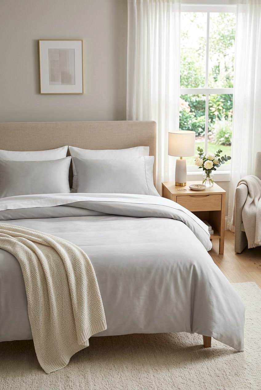 A neatly made bed with a soft, luxurious duvet cover in a bright bedroom with natural light and simple home decor.