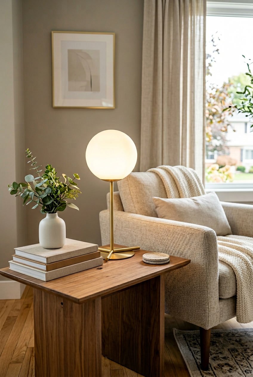 A modern table lamp with a spherical frosted glass shade on a wooden side table surrounded by home decor items in a cozy living room.
