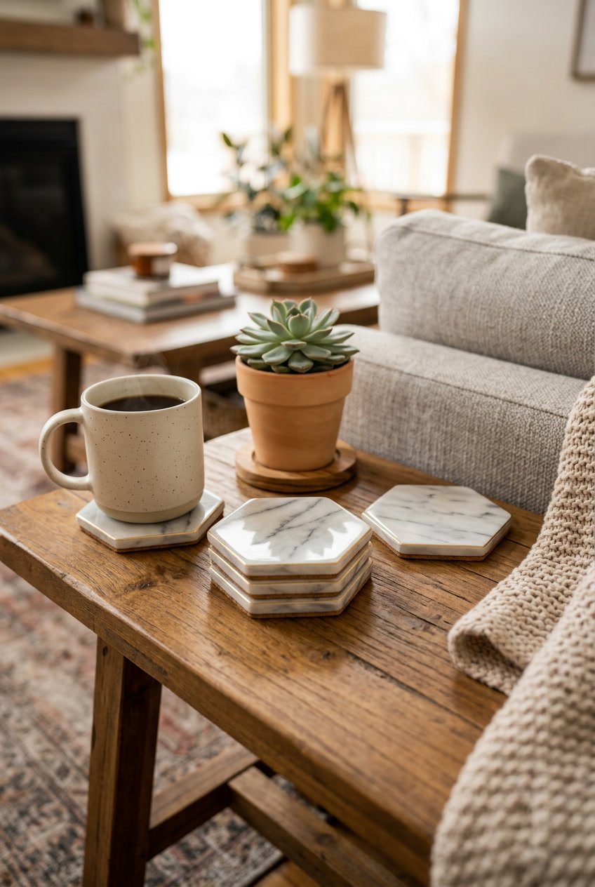 Marble coasters arranged on a wooden coffee table with a coffee mug, small plant, and a blanket in a cozy living room.