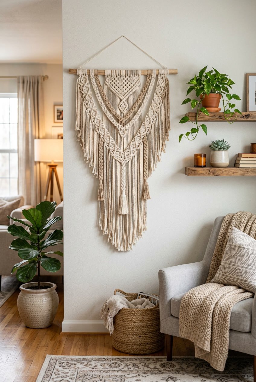 A handcrafted macrame wall hanging displayed on a wall in a cozy living room with plants and decorative items around it.