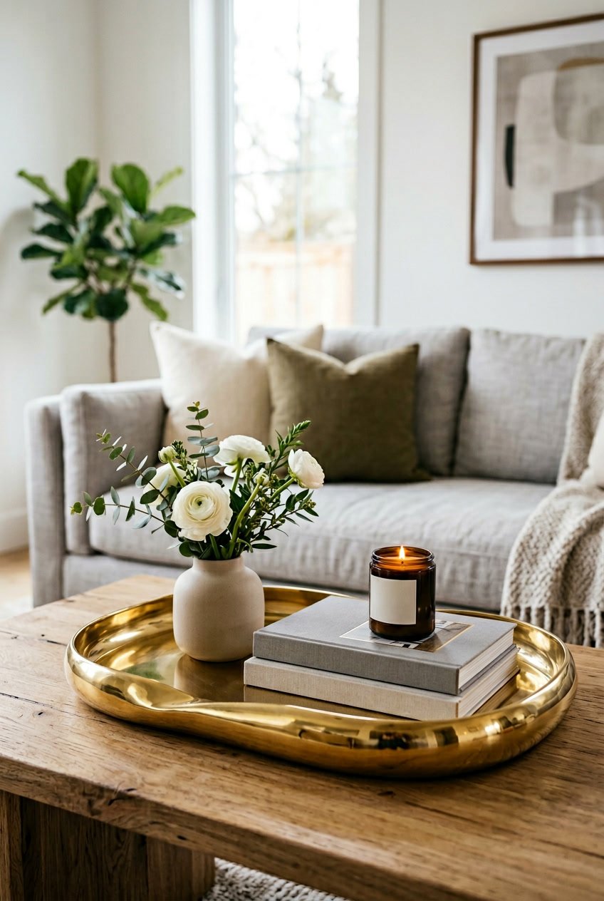 A gold sculptural accent tray displayed on a wooden table with decorative items in a cozy home setting.