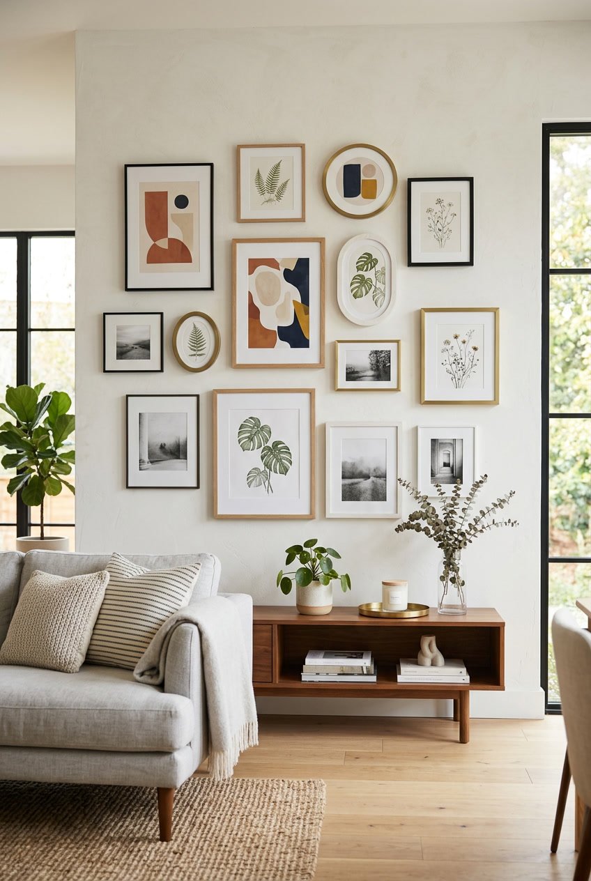 A living room wall decorated with various empty and filled picture frames above a wooden console table with plants and decorative objects.