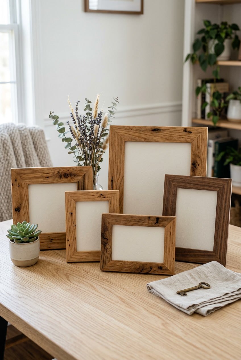 A set of rustic wooden picture frames of different sizes arranged on a wooden surface with small plants and dried flowers nearby.