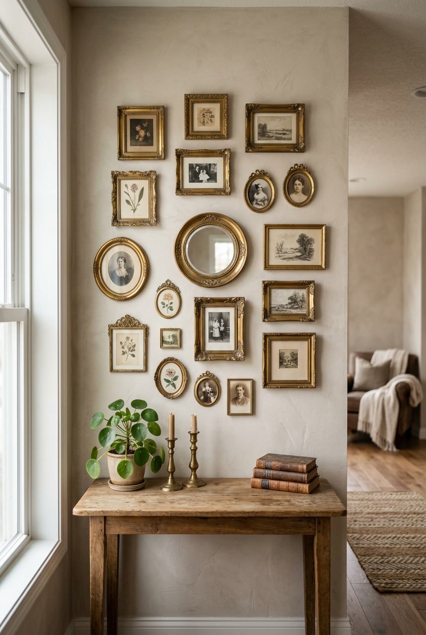 A wall displaying several antique brass picture frames arranged in an elegant pattern above a wooden console table with a small plant.