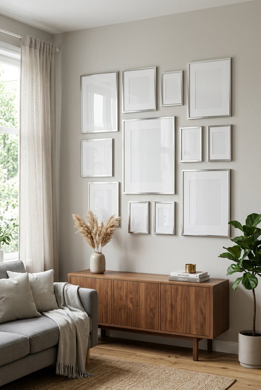 A wall decorated with multiple metallic silver gallery frames arranged in a neat pattern in a bright living space.