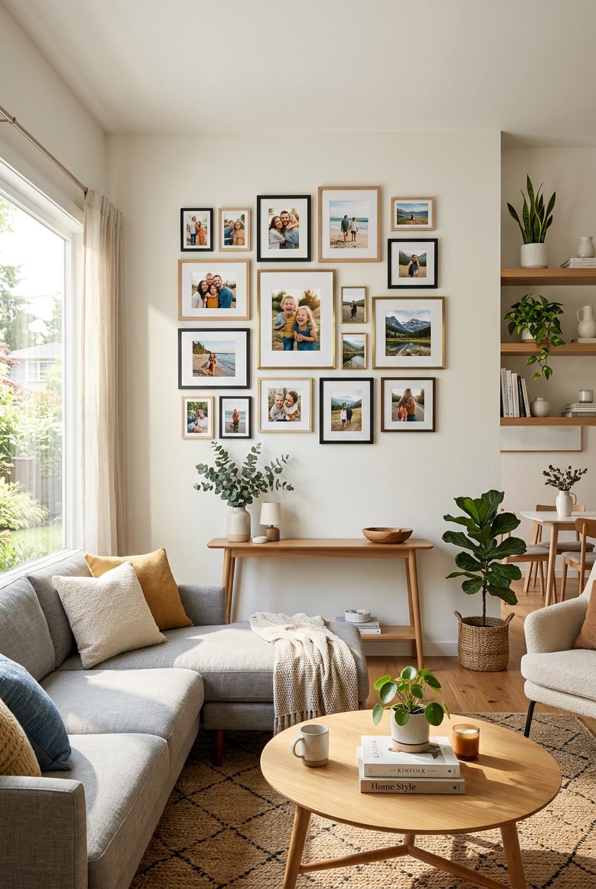 A living room wall with a collage of photo frames arranged in a grid, displaying family and scenic pictures.