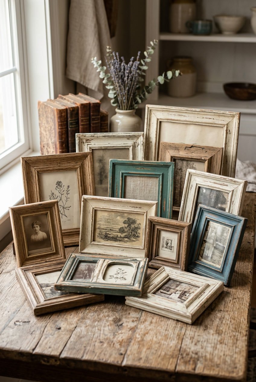 A collection of vintage distressed wood frames arranged on a rustic wooden surface with natural lighting.
