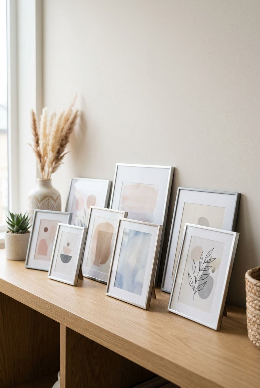 A collection of modern thin aluminum frames with abstract art, arranged on a wooden surface with soft natural lighting.