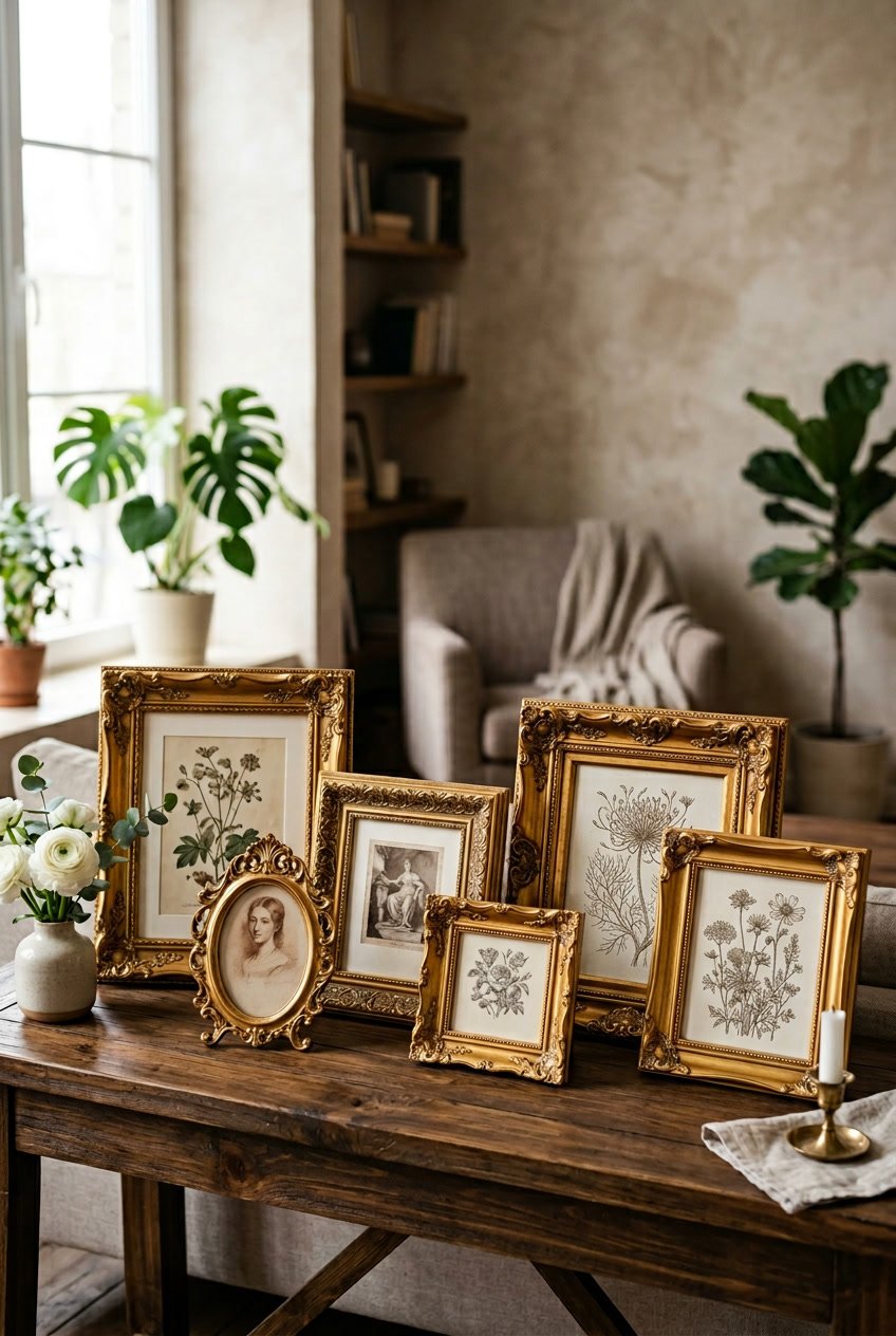 A collection of ornate gold leaf frames arranged on a wooden surface with a blurred home interior in the background.