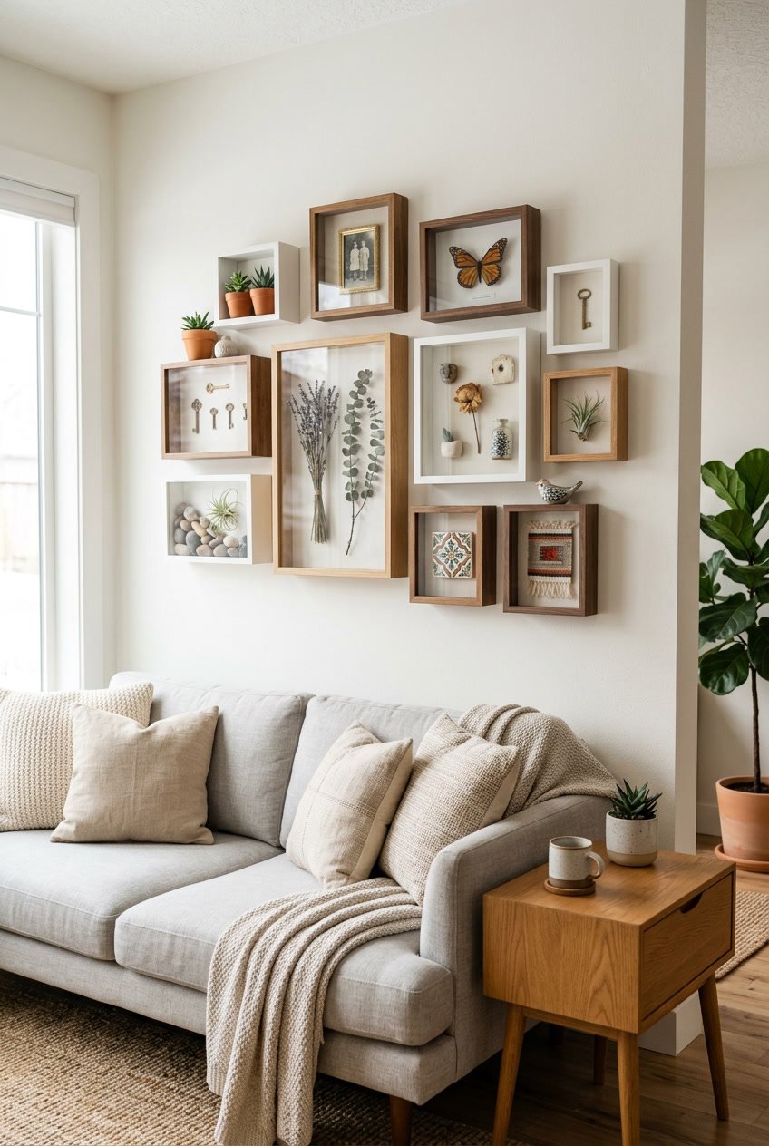 A living room wall with multiple shadow box display frames holding decorative items, next to a wooden side table and a sofa.