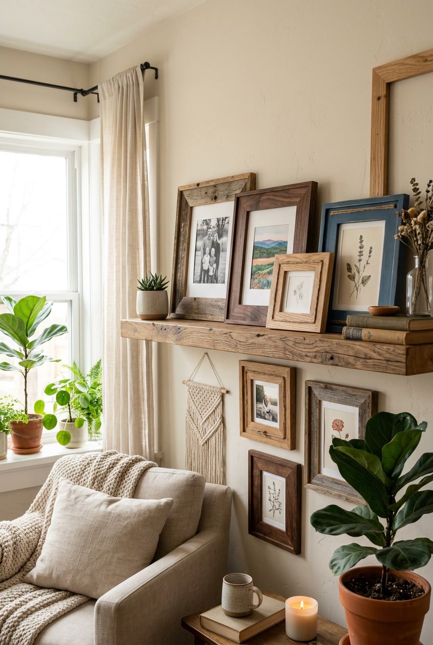 A cozy home interior with handmade wooden picture frames displayed on shelves and walls, surrounded by plants and soft lighting.