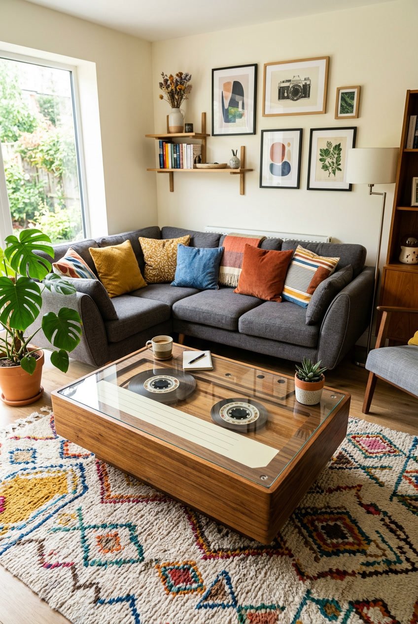 A living room with a coffee table designed to look like a vintage cassette tape, surrounded by sofas, cushions, plants, and decorative shelves.