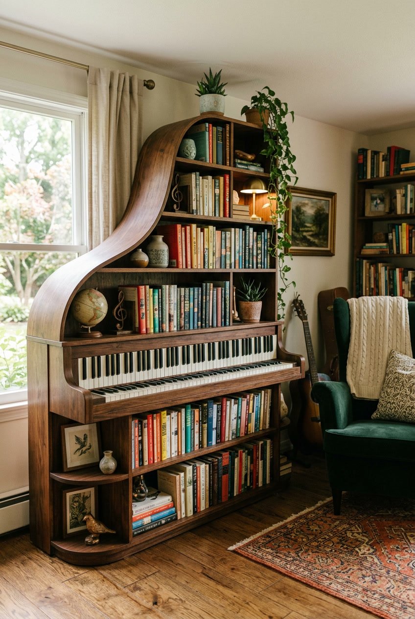 A cozy room with a bookshelf designed like a grand piano filled with books and plants, next to an armchair and a rug.