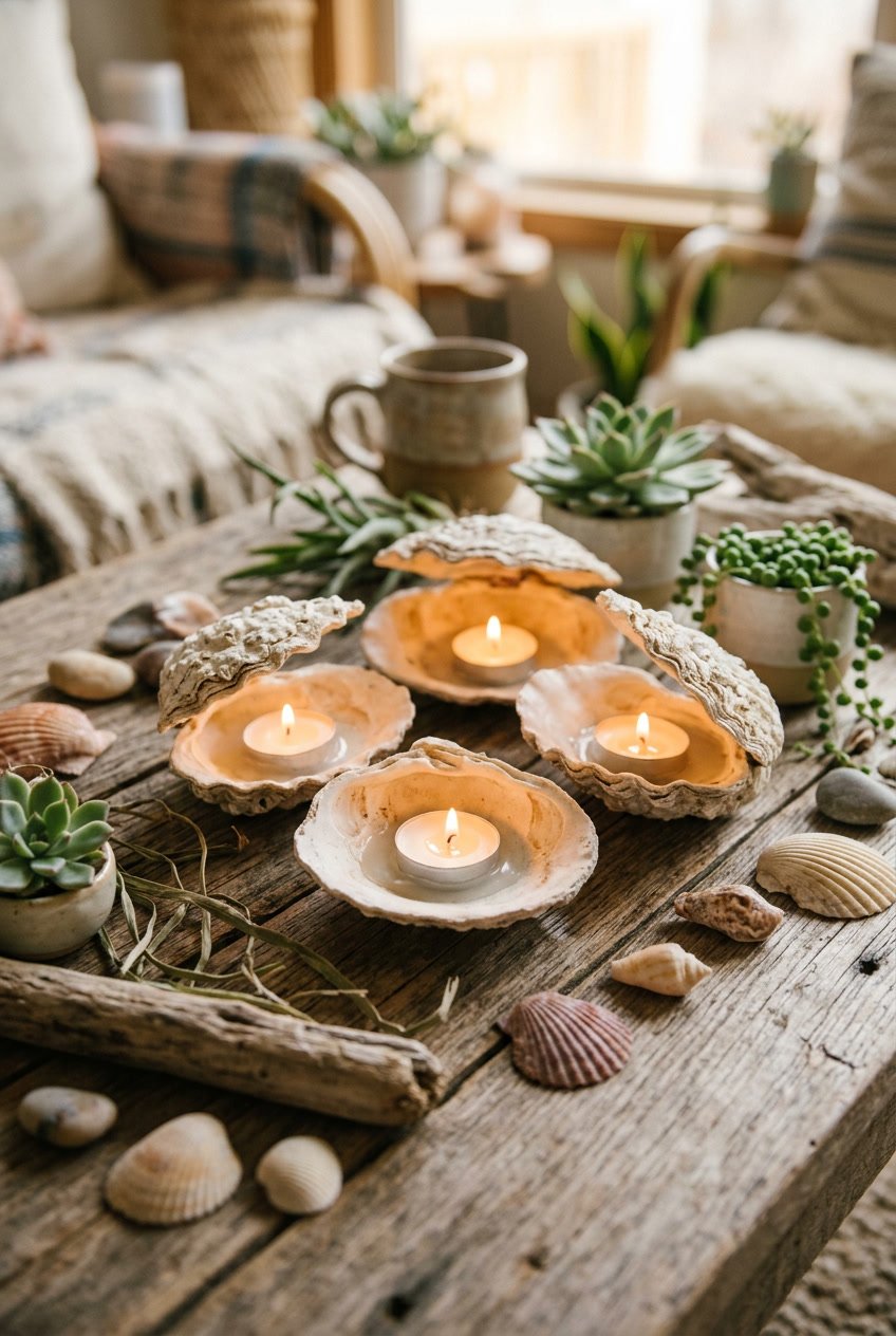 Clamshell candle holders with lit candles placed on a wooden surface surrounded by seashells and small plants.