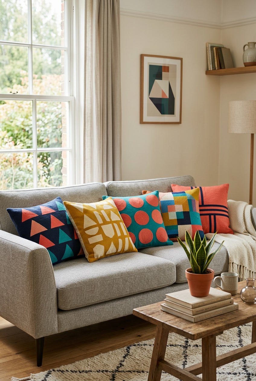 A sofa with colorful geometric patterned throw pillows in a bright living room with a coffee table and a small plant.