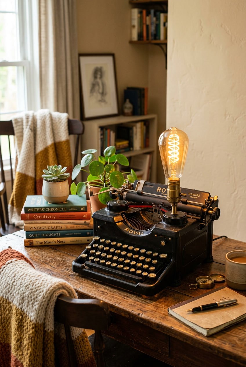 A vintage typewriter converted into a lamp on a wooden desk surrounded by plants and books in a cozy room.