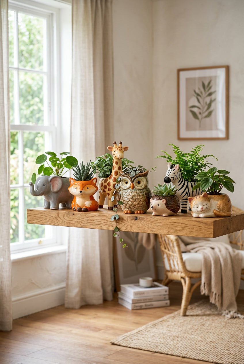 A collection of animal-shaped planters with green plants arranged on a wooden shelf in a bright living room.