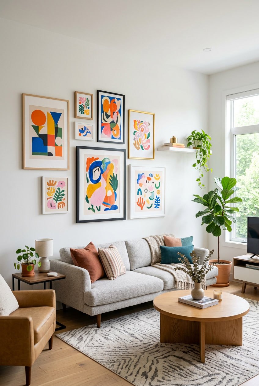 Living room with colorful abstract wall art prints on a white wall and modern furniture.