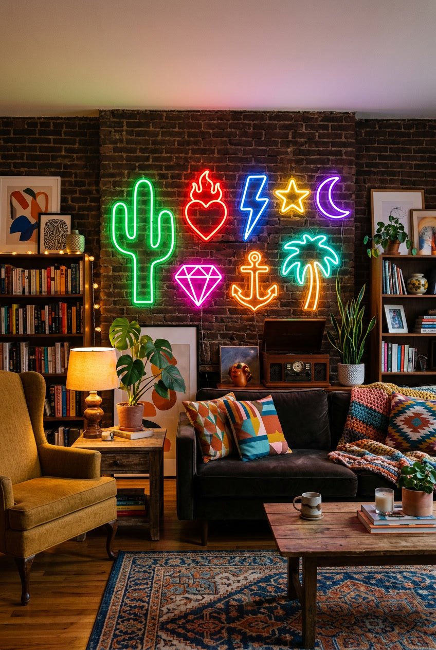 A cozy living room with colorful retro neon signs glowing on the wall, surrounded by modern furniture and decorative items.