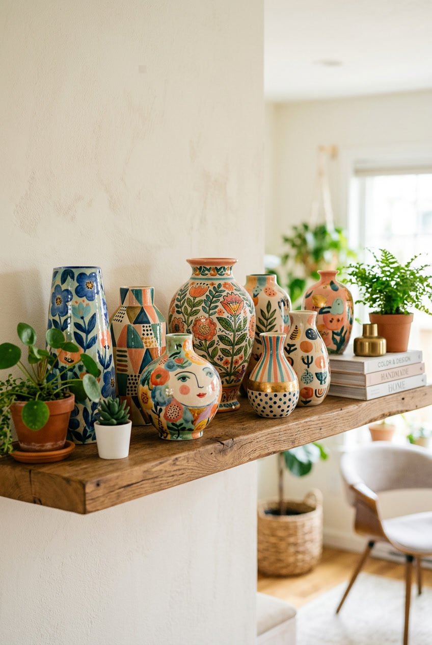 A variety of colorful hand-painted ceramic vases displayed on a wooden shelf with home decor items in the background.