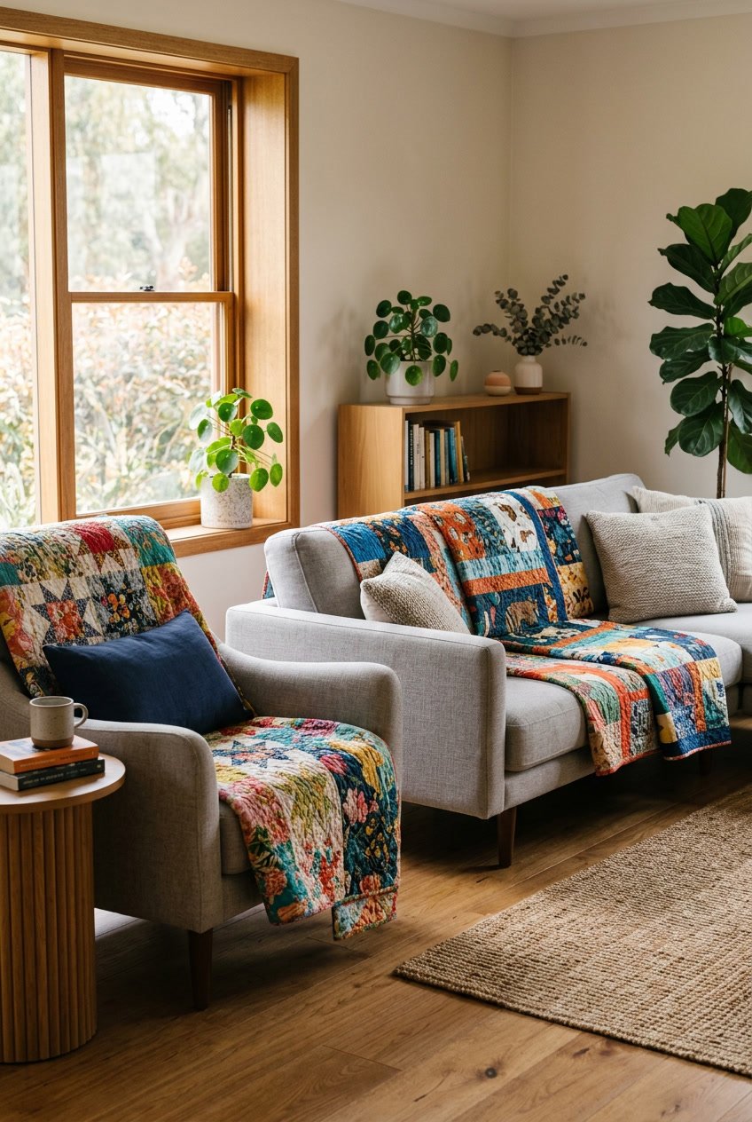 A living room with colorful patchwork quilted blankets draped over a sofa and armchair.