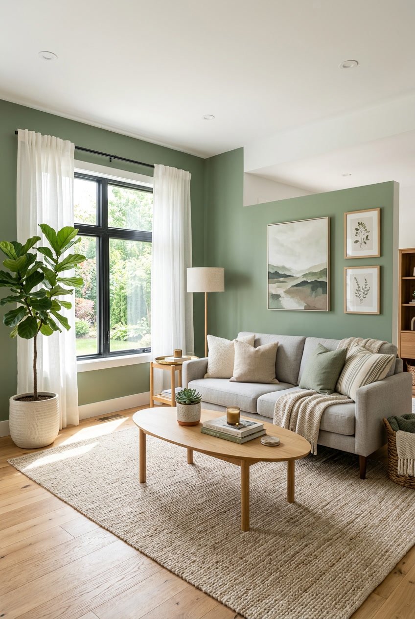 A modern living room with sage green accent walls, a gray sofa, wooden coffee table, and indoor plants.