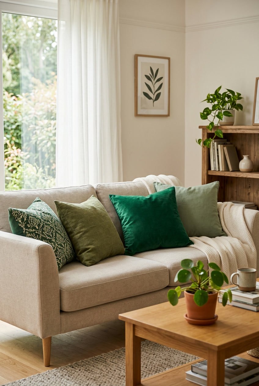 A living room sofa with several green throw pillows and a small plant on a wooden coffee table.
