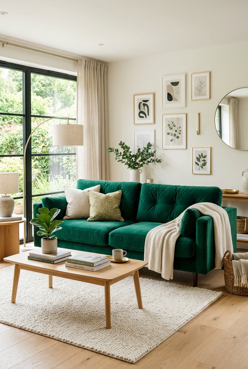 A bright living room with an emerald green velvet sofa, a wooden coffee table with a plant, and large windows letting in natural light.