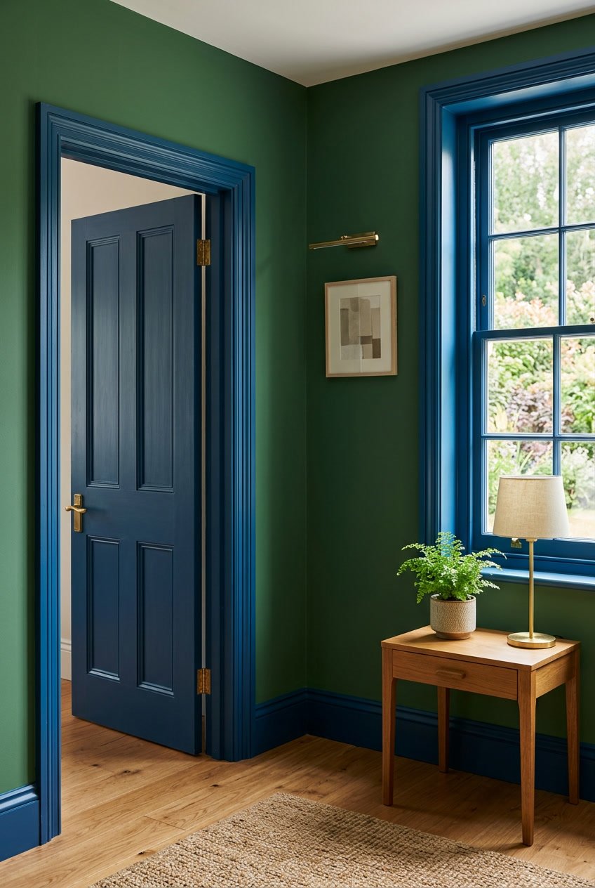 An interior corner with deep green walls and bright blue trim around a window, featuring a wooden side table with a plant and a lamp.