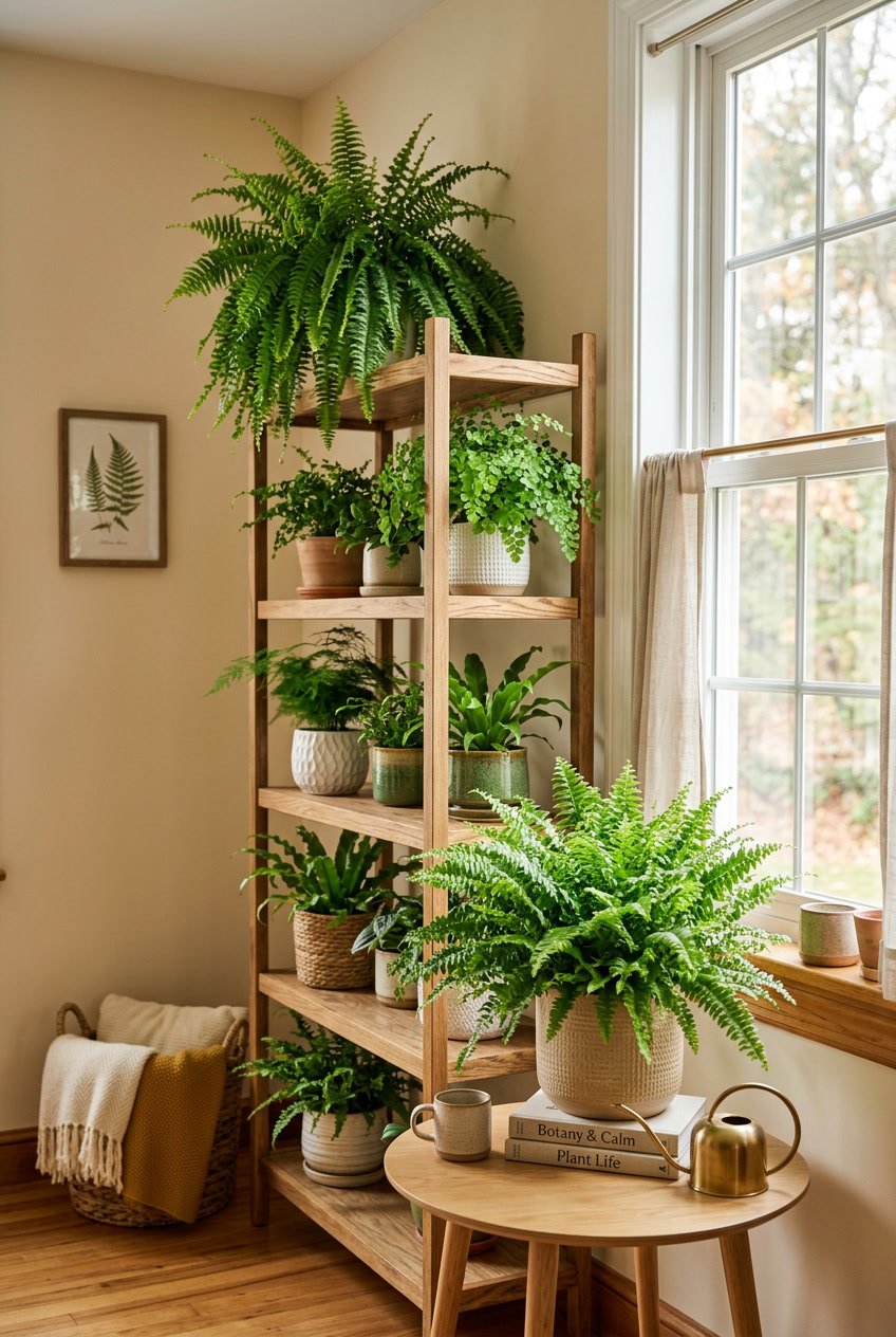 Indoor scene with several green potted ferns arranged on shelves and a table in a well-lit room.